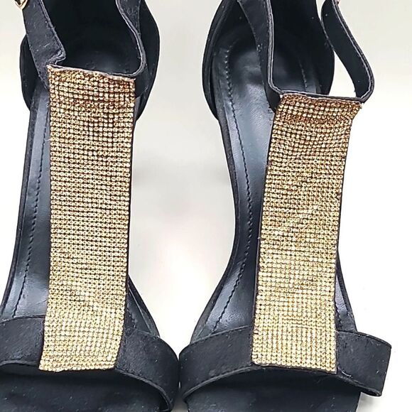 Lane Bryant Black Velvet Ankle Strap Heels with Gold Rhinestones, Size 10W - Picture 4 of 10